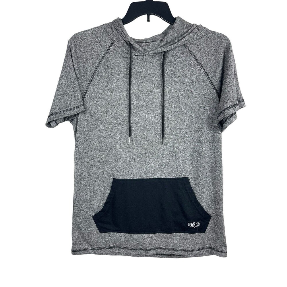 BKC Brooklyn Cloth Work Wear Gray Hooded Front Pocket Short Sleeve Top L